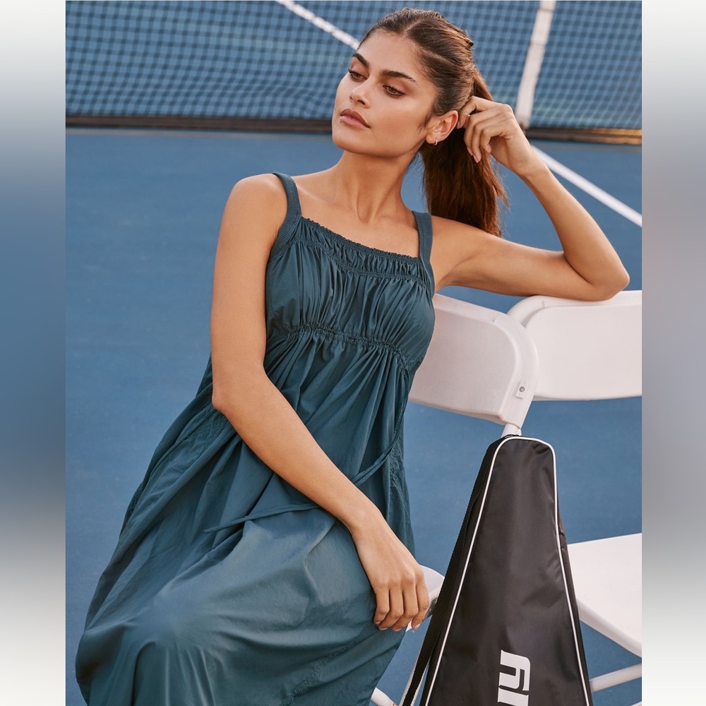 Anthropologie Blue Ruched Smocked Maxi Sundress